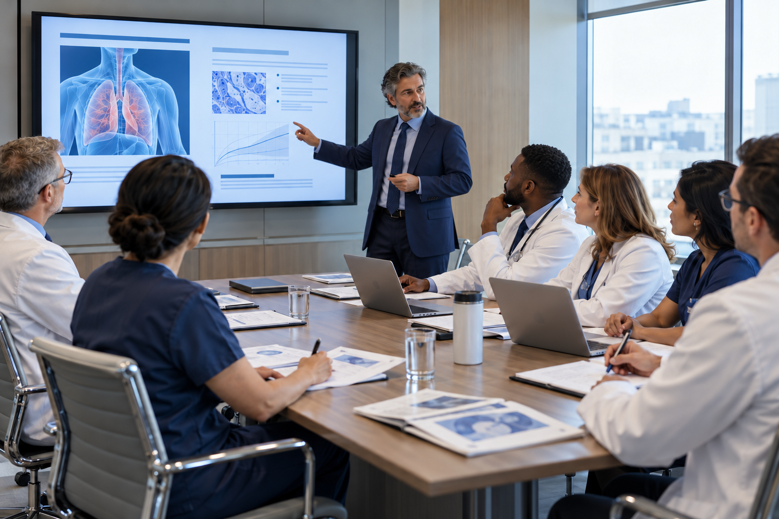 Medical Presenter in Navy Suit